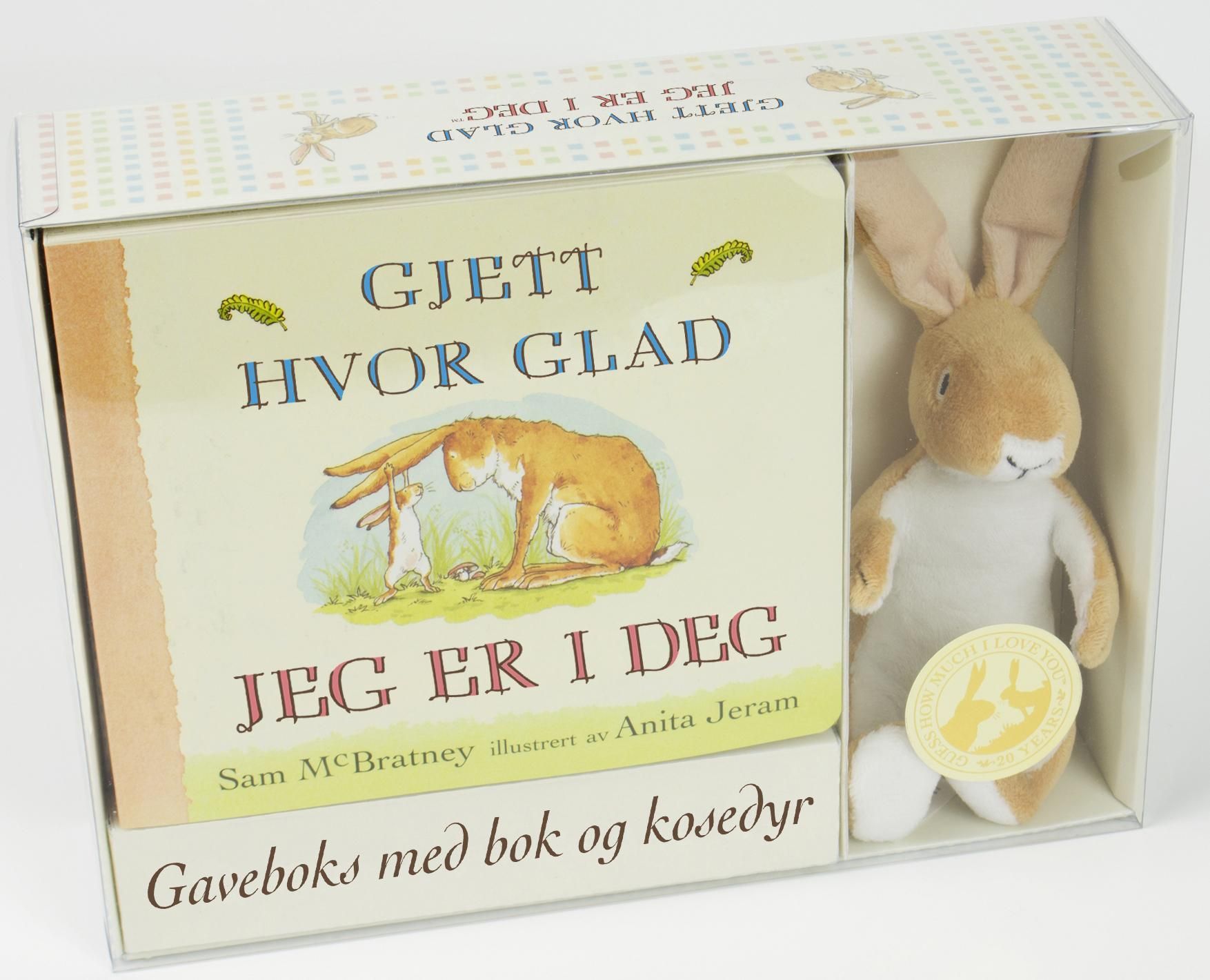 Gjett hvor glad jeg er i deg : gaveboks med bok og kosedyr