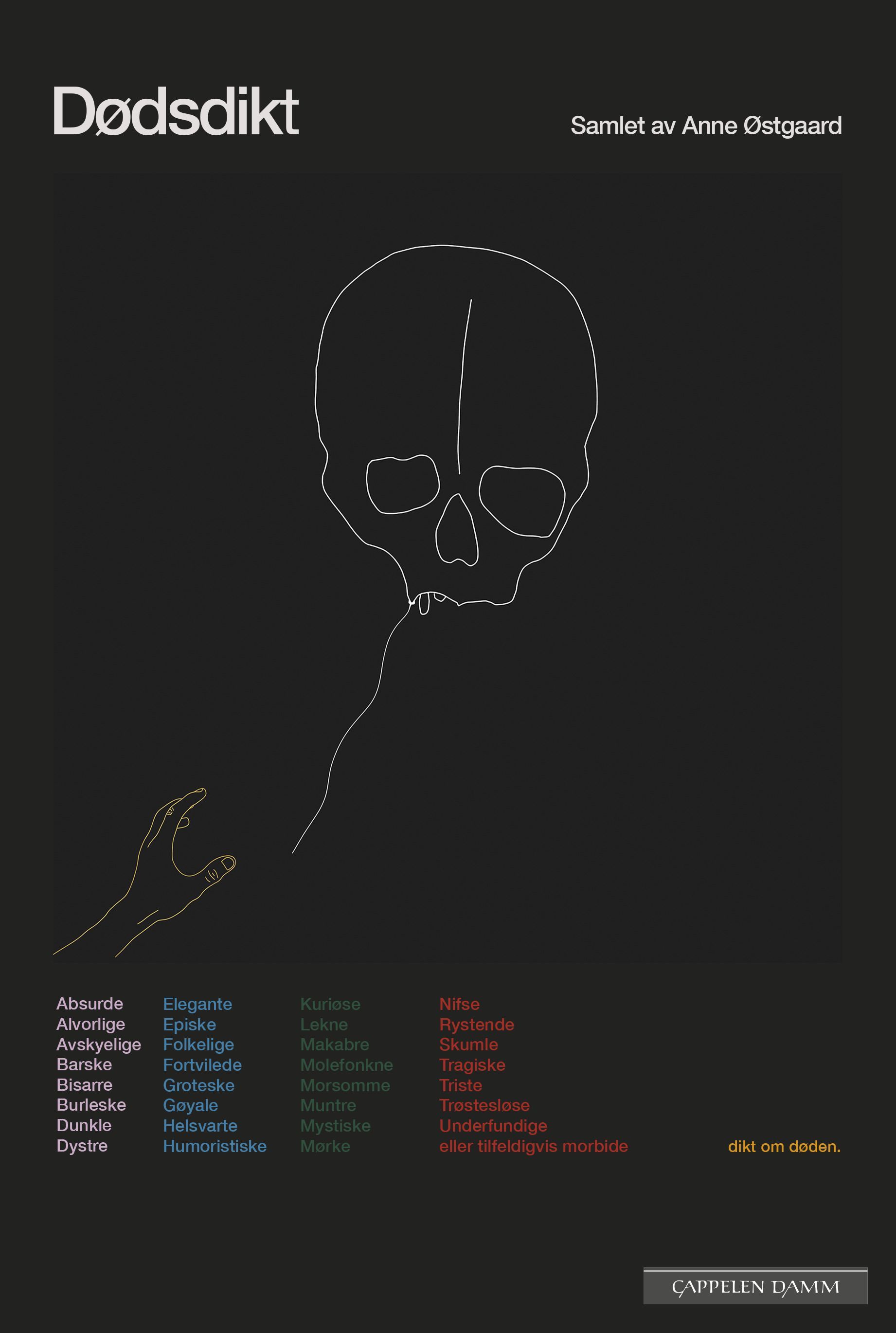 Dødsdikt : absurde, alvorlige, avskyelige, barske, bisarre, burleske, dunkle, dystre, elegante, episke, folkelige, fortvilede, groteske, gøyale, helsvarte, humoristiske, kuriøse, lekne, makabre, molefonkne, morsomme, muntre, mystiske, mørke, nifse, rystende, skumle, tragiske, triste, trøstesløse, underfundige eller tilfeldigvis morbide